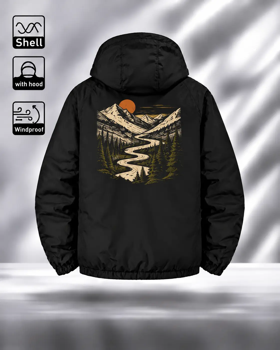 Sunset Mountain Windbreaker Jacket, Hooded Zip-Up Shell with Winding River and Forest Back Print, Retro Landscape Style