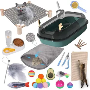 Kitten Litter Box Starter Kit for Indoor Kittens, Including Cat Litter Box,Bowl, Hammock Bed, Brush, Nail Clipper,Cat Interactive Toys