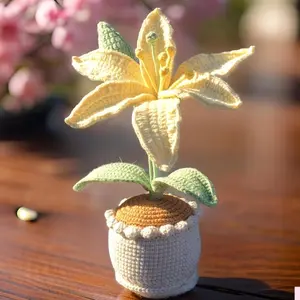 Handmade Crochet Lily Flower in Pot, Lily in White, Yellow & Pink Colors, Realistic Bud, Floral Decoration, Home Accent, Unique Gift for Mom