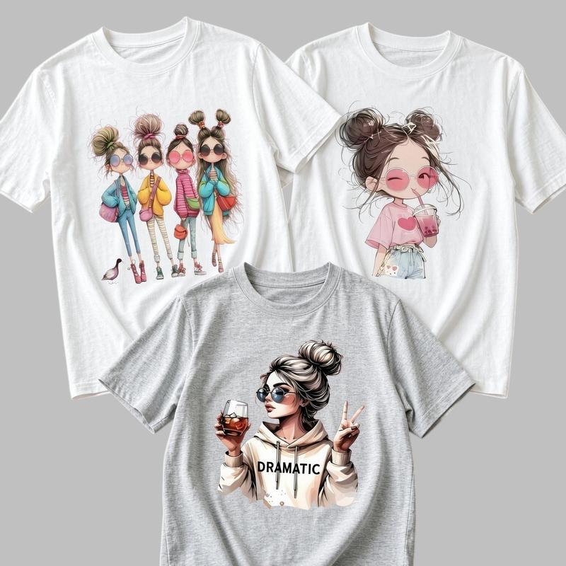 Plus Size Women's Fitted Cotton T-Shirt 3-Pack - Casual Comfortable Short-Sleeve Top with Funny Sassy Cartoon Girl Graphic, BFF Bundle Set for Beach Style Womenswear Cute