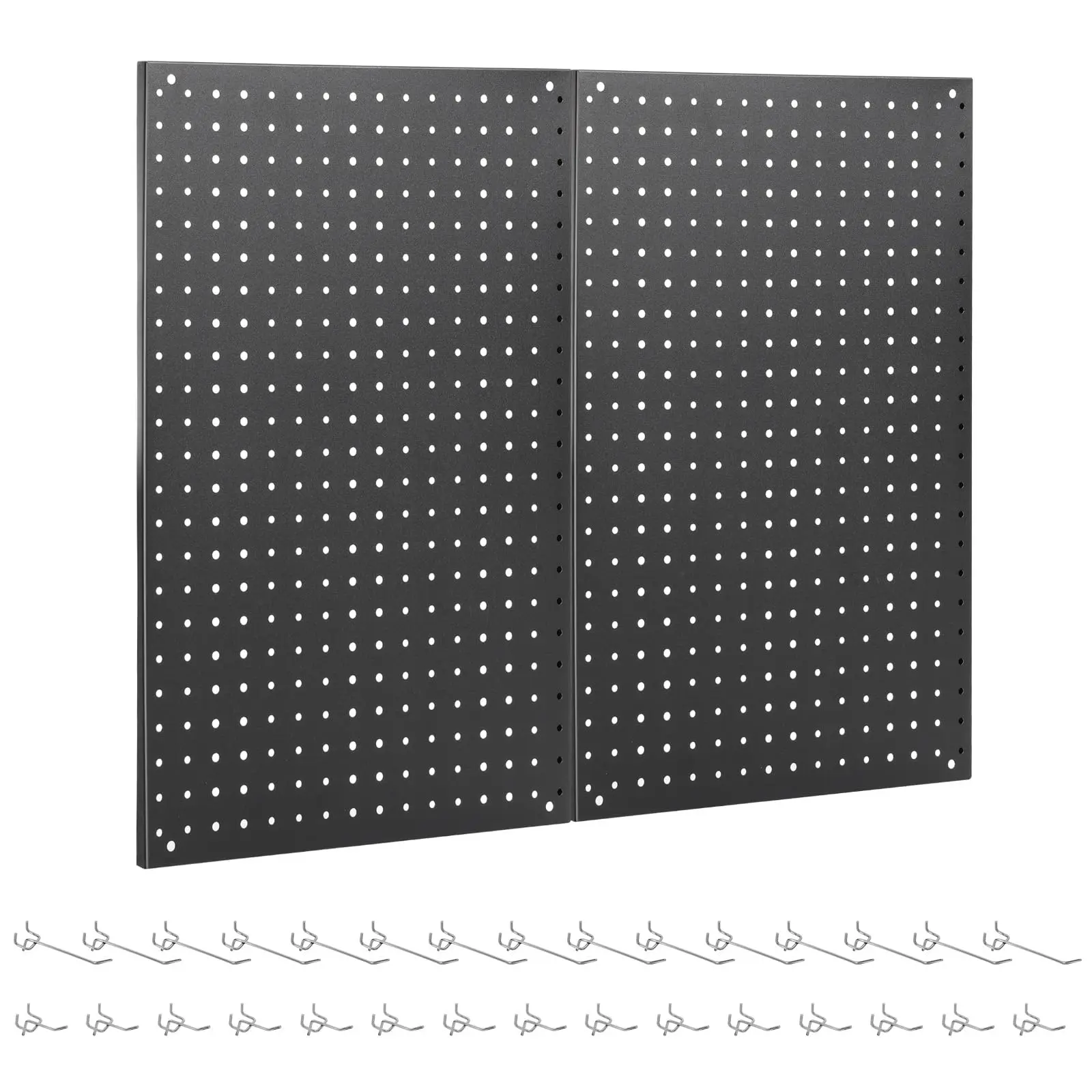 2 Pcs 24"×16" Rust-Resistant Black Steel Pegboard Panels - Expandable Modular Wall Tool Organizer Racks Kit with 30 Hooks, Dual-Size Holes, Wall Anchors, Easy Installation for Garage Organization, Gaming Room Tool Storage