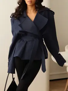 Women's Belted Windproof Jacket, Waterfall Neck Design, Long Sleeve, Non-Elastic Fabric