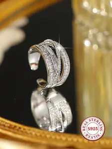 Luxury S925 Sterling Silver Multi-Layer Zircon Ring - Sparkling Crossover Design Statement Jewelry for Women, Ideal for Party & Daily Wear, Fashion Gift