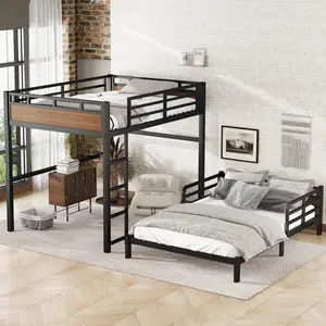 Eyisean Full XL Over Full XL Size Metal Bunk Bed, Heavy Duty Safety Bunk Beds with Guardrail & Ladder, Space-Saving Separable Bed Frame with Vintage Wood-Colored, Modern Loft Bed/Platform Bed for Adults