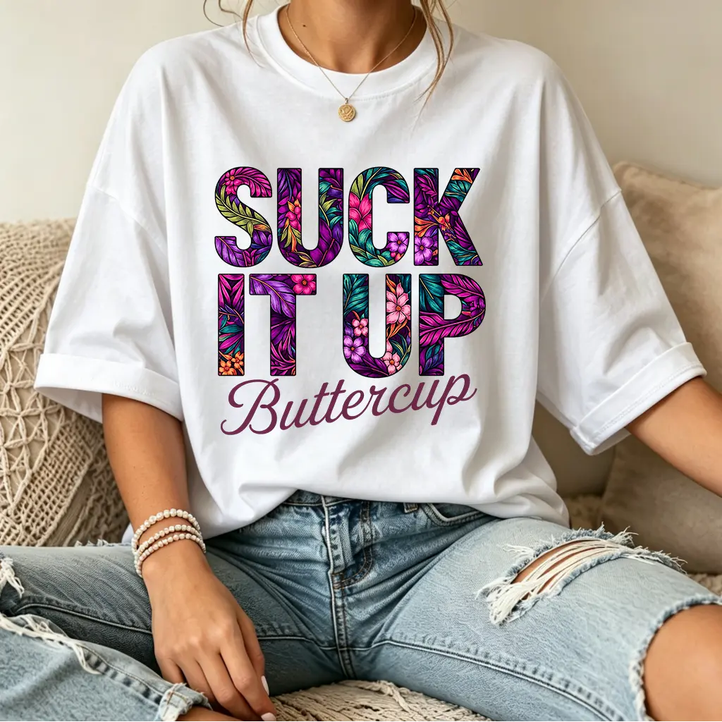 Women's Oversized Crewneck Graphic T-Shirt - "Suck It Up Buttercup" Print, Athletic, Geometric Design, Basic, All Seasons, Soft Breathable Cotton, Loose Fit, Casual Streetwear for Valentine's Day
