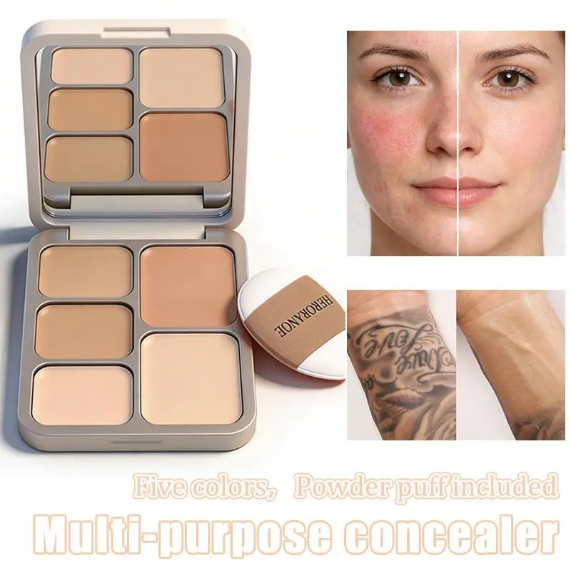 Viral 5 Colors Cream Concealer Palette with Powder Puff, Smooth Blendable Texture, Non-Cakey Non-Creasing, Waterproof Sweatproof Coverage for Acne Marks Dark Circles Tattoo Blemishes, Multi-use Contour Conceal Makeup Palette for Daily Cosmetics
