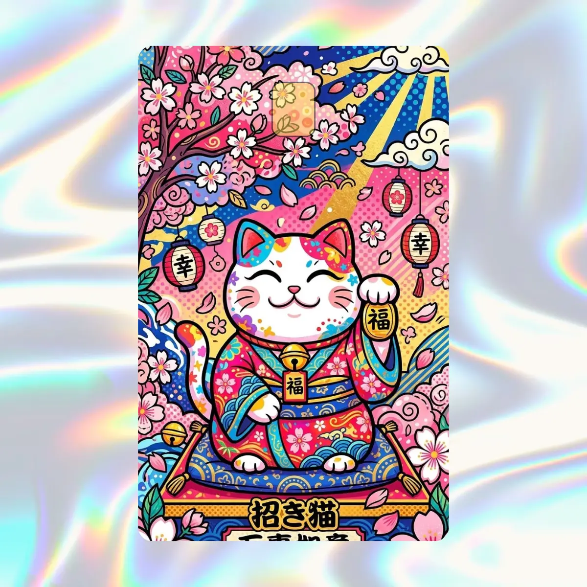 Lucky Maneki Neko Sakura Cat Sticker, Japanese Lucky Cat Card Skin, Kawaii Cherry Blossom Cat Vinyl Decal, Cute Anime Inspired Phone Card Sticker, Floral Fortune Cat Gift for Cat Lovers