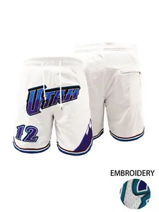 Men's Breathable Embroidered Utah #12 Mesh Athletic Shorts with Zipper Pocket, Quick-Dry Workout Shorts for Basketball, Running & Daily Wear