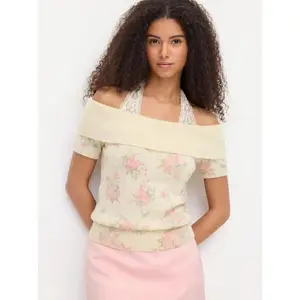 Cider Knit Wool-blend Floral Off-shoulder Lace Detail Puff Sleeve Top