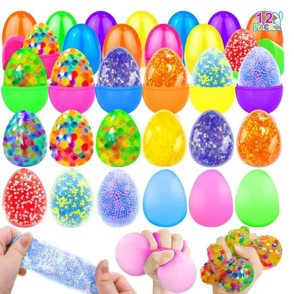 Unisex Filled Easter Eggs (12-16 Pack Variations, 12-Pack Option) with Squishy Stress Balls, Fidget Toys - BPA-Free, Easy to Hold, 3+ Years and Up Kids & Toddlers Decoration, Great for Easter Baskets, Development Tools, Classroom Prizes