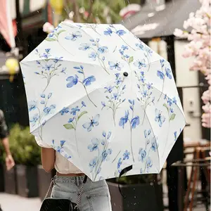 1PC Fresh Blue Flower Print Umbrella, Vintage Floral Sun & Rain Dual Use, Windproof Waterproof Parasol, UV Protection, Foldable Compact, Cute Aesthetic, Ideal For Daily Commute, Outdoor Travel, Picnic, Women & Girl Gift