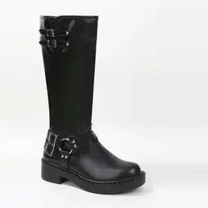 Arya Buckled Faux Leather Knee High Biker Boots