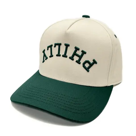 Philly Upside Down Hat Customize this Hat with your own Text Off-WhiteDark Green 5-Panel Hat with 3D Embroidery