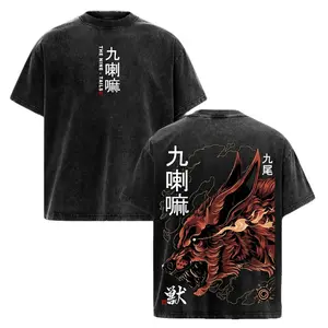 Oversized Nine Tails Fox Acid Wash T-Shirt - Heavyweight Cotton Vintage Kurama Anime Graphic Tee For Men & Women, Japanese Streetwear Apparel, Naruto Inspired Fashion Top, Cool Gym Pump Cover Shirt, Trendy Otaku Gift, Faded Y2K Manga Clothing Tops