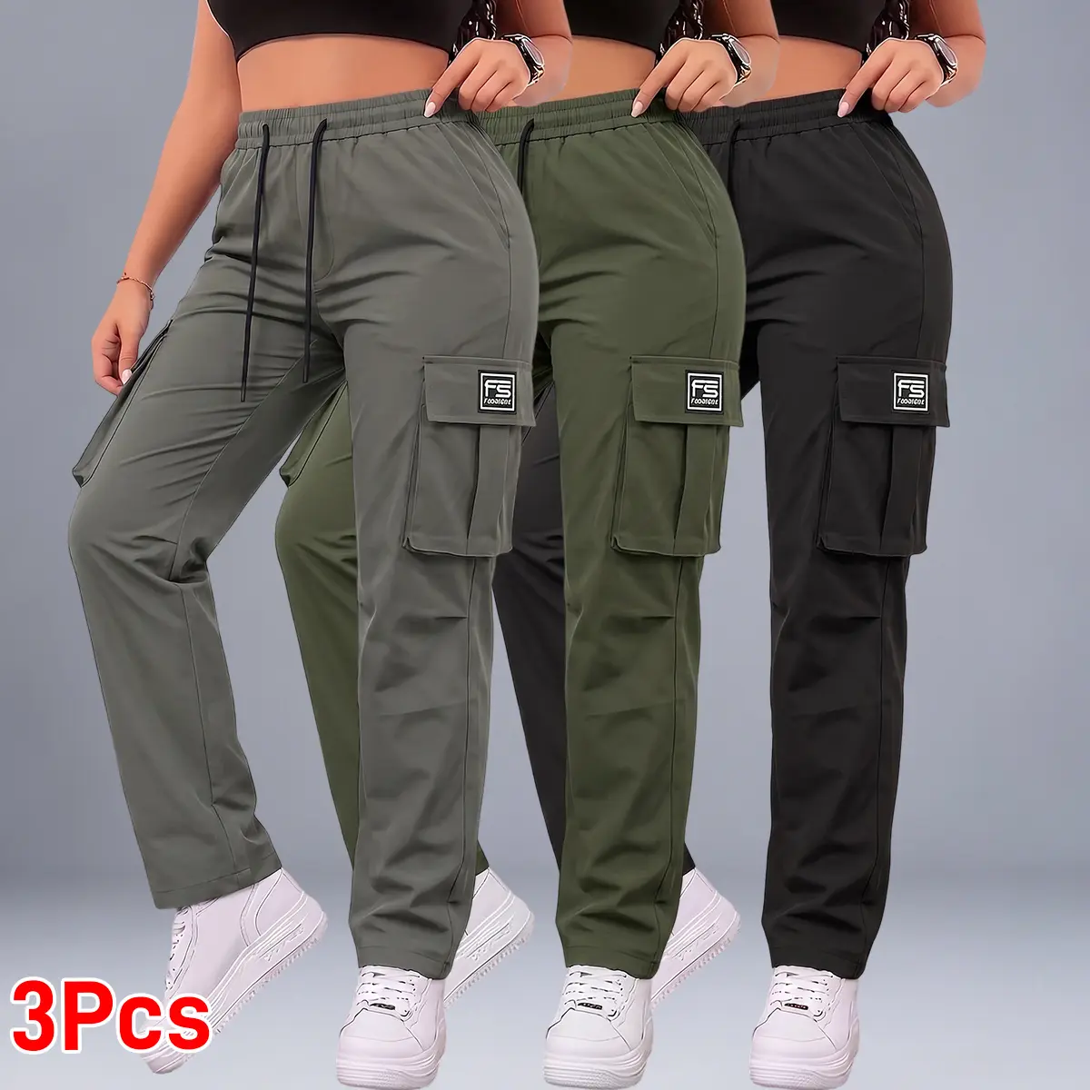 3PCS women’s cargo pants: casual, elastic waist, pockets; suitable for summer outfits, everyday commuting and casual wear; minimalist bottoms, basic style, vacation wear, beachwear, sporty casual style; comfortable loose fit; casual drawstring high-waist
