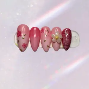 Blossom Kiss Press-On Nails  | Soft Pink Floral Nails | 3D Flower Accent | Spring / Romantic Nail Set