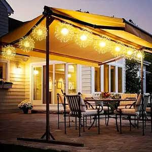 Solar outdoor fireworks lights with 450 LED Shining Starburst Sphere design, available in warm white, color, and 8 different modes. Ideal for decorating patios, umbrellas, eaves, gardens, and trees.