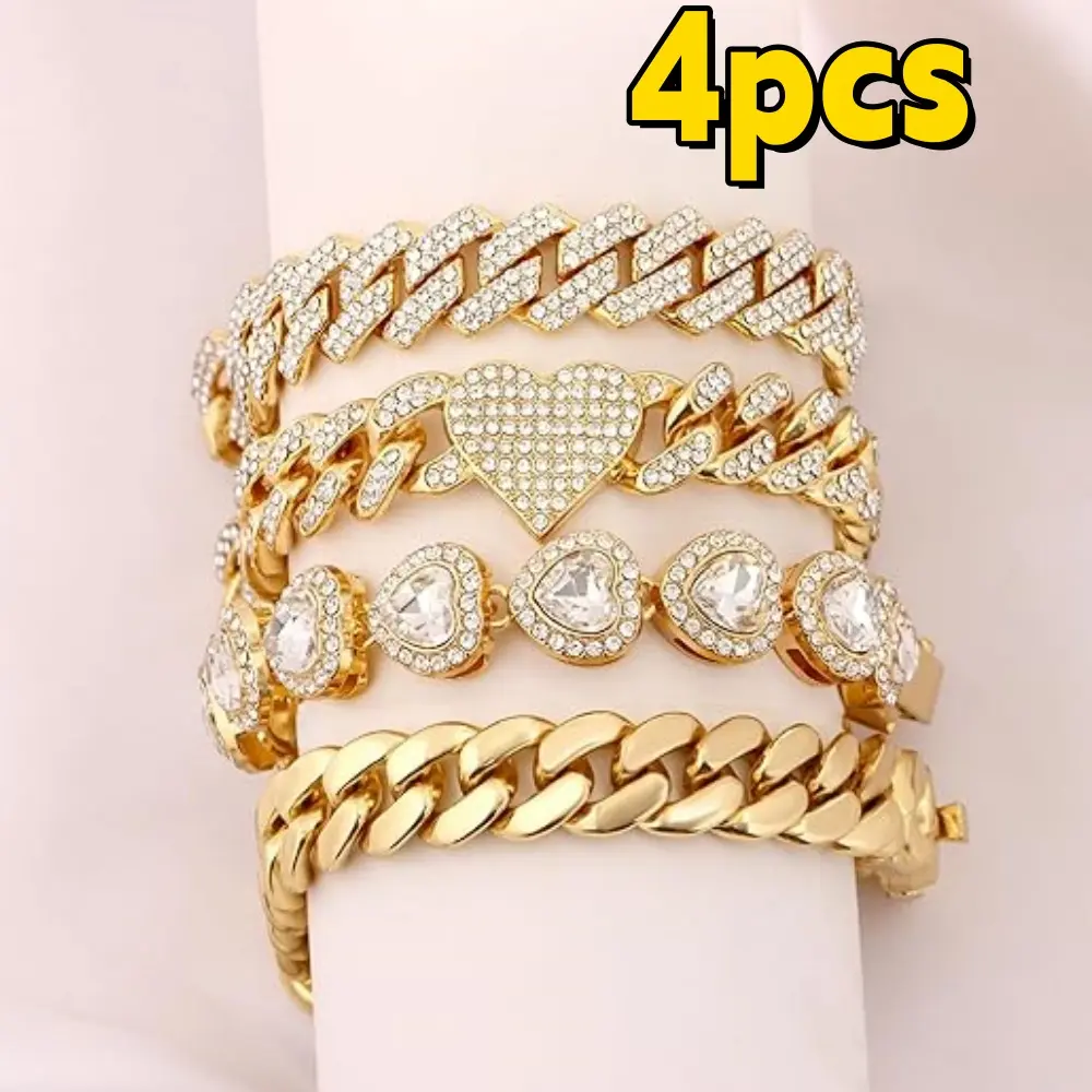 Women's 4pcs Rhinestone-Detailed Cuban Link Chain Crystal Bracelet Set - Zinc Alloy Layered Link Tennis Bracelets, Ideal for Weddings, Gifts, Crystal Bracelets