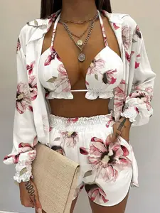 Full Size Halter Neck Cami & Shirt & Shorts 3-Piece Outfit Set Plus Size