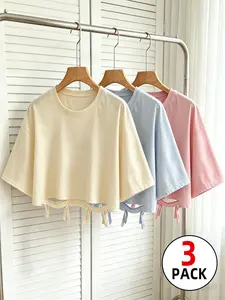 2026 Viral Distressed Cut Out Fringe Crop Top for Women, 3 Pack Solid Color Drop Shoulder Short Sleeve T Shirts with Tassel Detail, Y2K Aesthetic Grunge Casual Basic Tees, Streetwear Punk Tops for Daily Outings Street Shooting, Versatile Summer Fashion