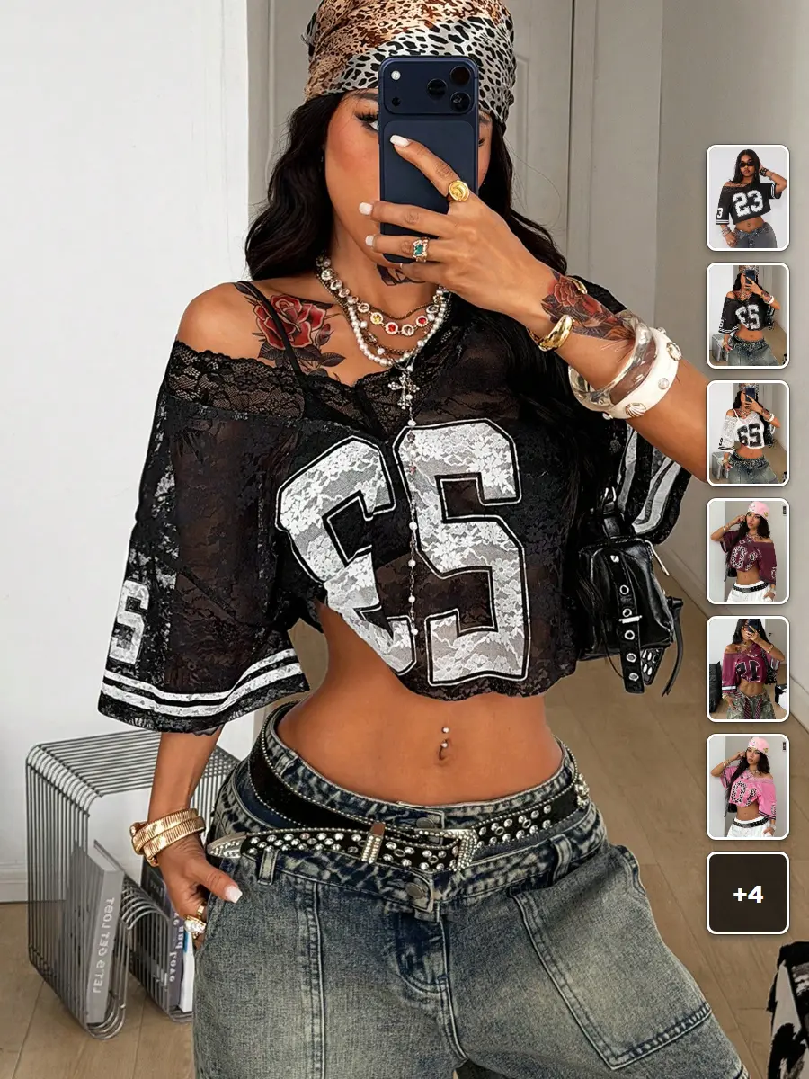 AESS Y2K Mesh T-Shirt Number Pattern Contrast Lace V-Neck Summer Streetwear