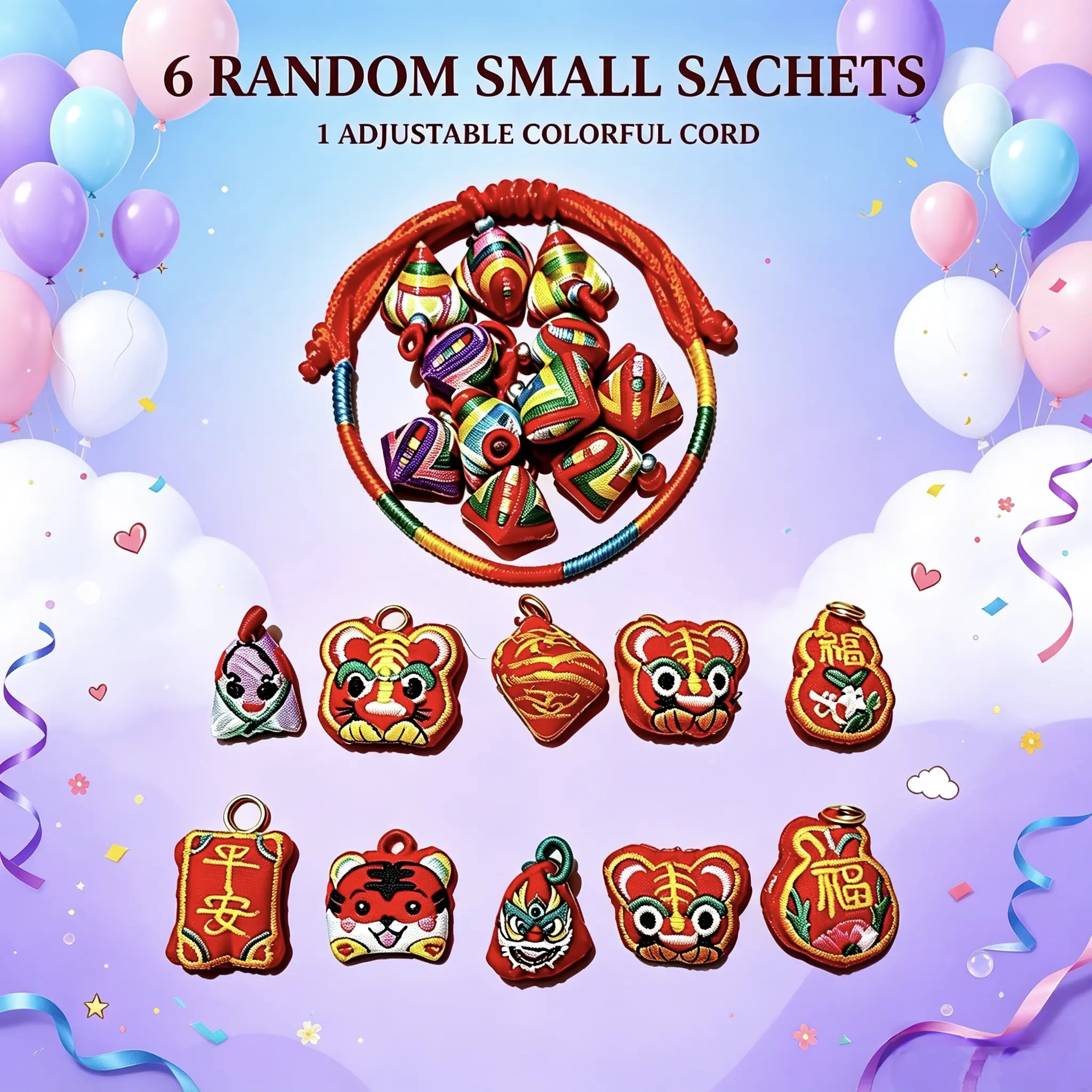 Oriental Hand-Embroidered Sachet Bracelet Set, Adjustable Colorful Cord with 6 Random Handmade Sachet Charms