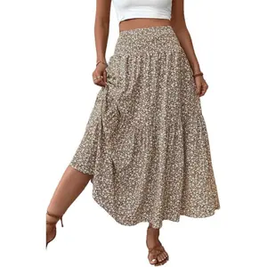 Women's Smocked High Waist Maxi Skirt Casual Boho Long Skirts with Pockets
