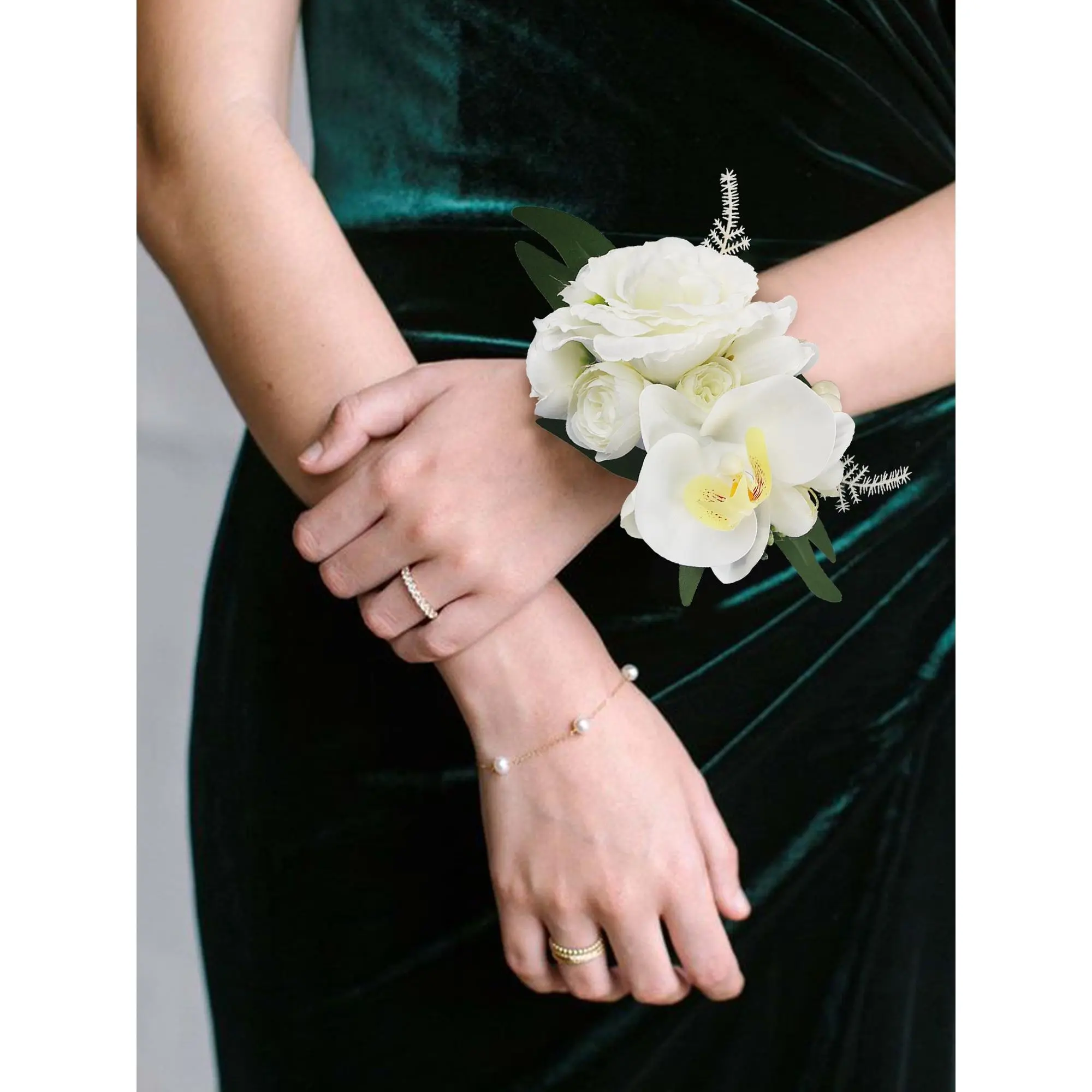 Rinlong Elegant Silk Wrist Corsage - White Flower, Stretch-Fit, Lifelike Look, Faux Pearls, Foam Material, Fits Most Wrist Sizes, Wedding Festive Supplies