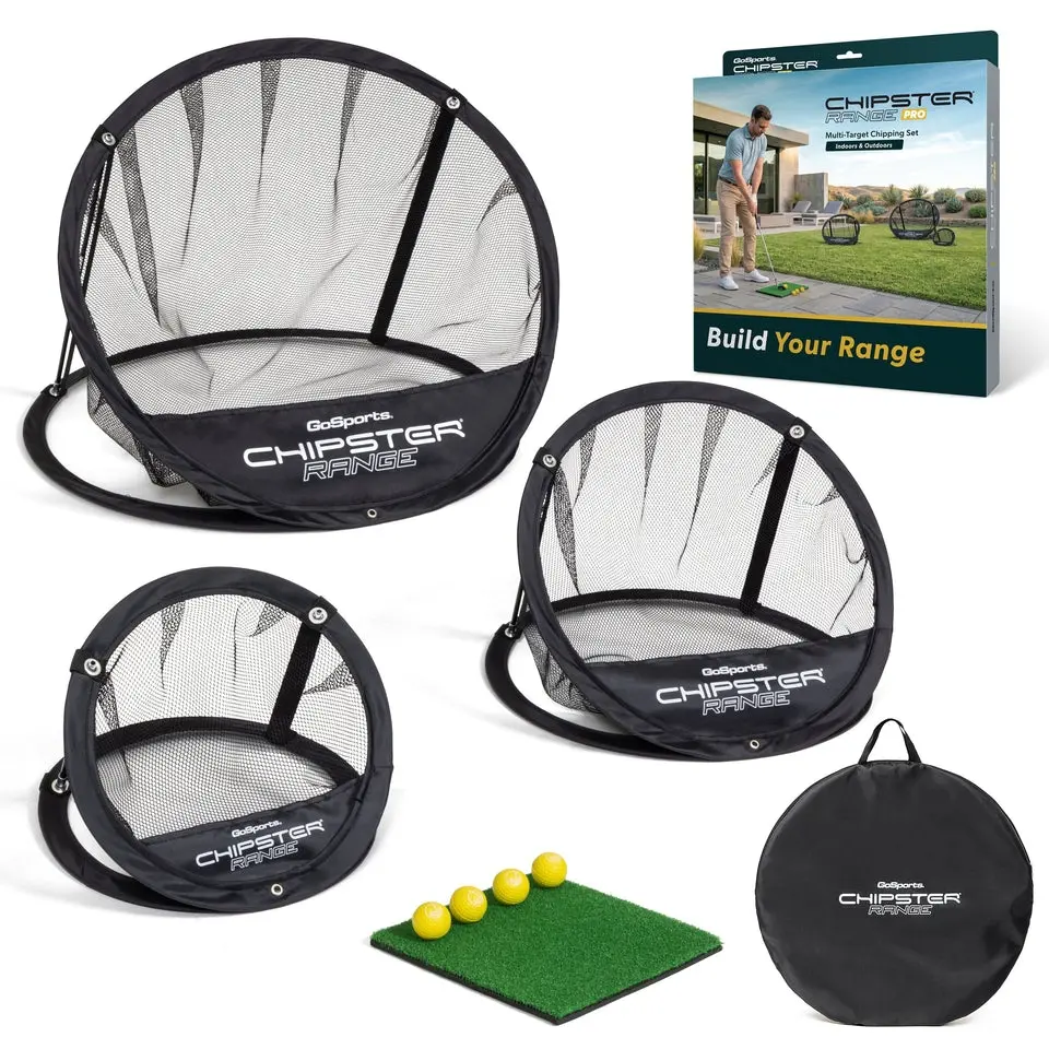 GoSports Chipster Range PRO Golf Chipping Nets - Portable Outdoor & Indoor Golf Practice Targets with Hitting Mat and 4 Foam Balls - Best Gifts for Golfers - Black, Unisex, Chipping Practice Net Golf Training Equipment