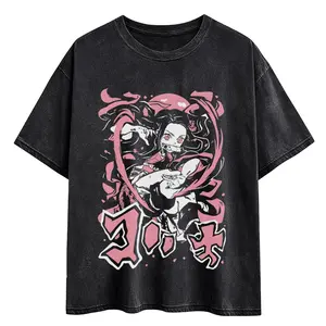 Nezuko Kamado Tee, Demon Slay Anime  Washed Fabric T-shirt, Anime Tee, Unisex Black Gift For Anime Fans, Otaku gift 25723