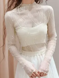 Women's High Neck Mesh Top, Sexy Sun Protection Inner Layer, Branch Texture Embroidered Long Sleeve Blouse, Fashionable Casual Wear