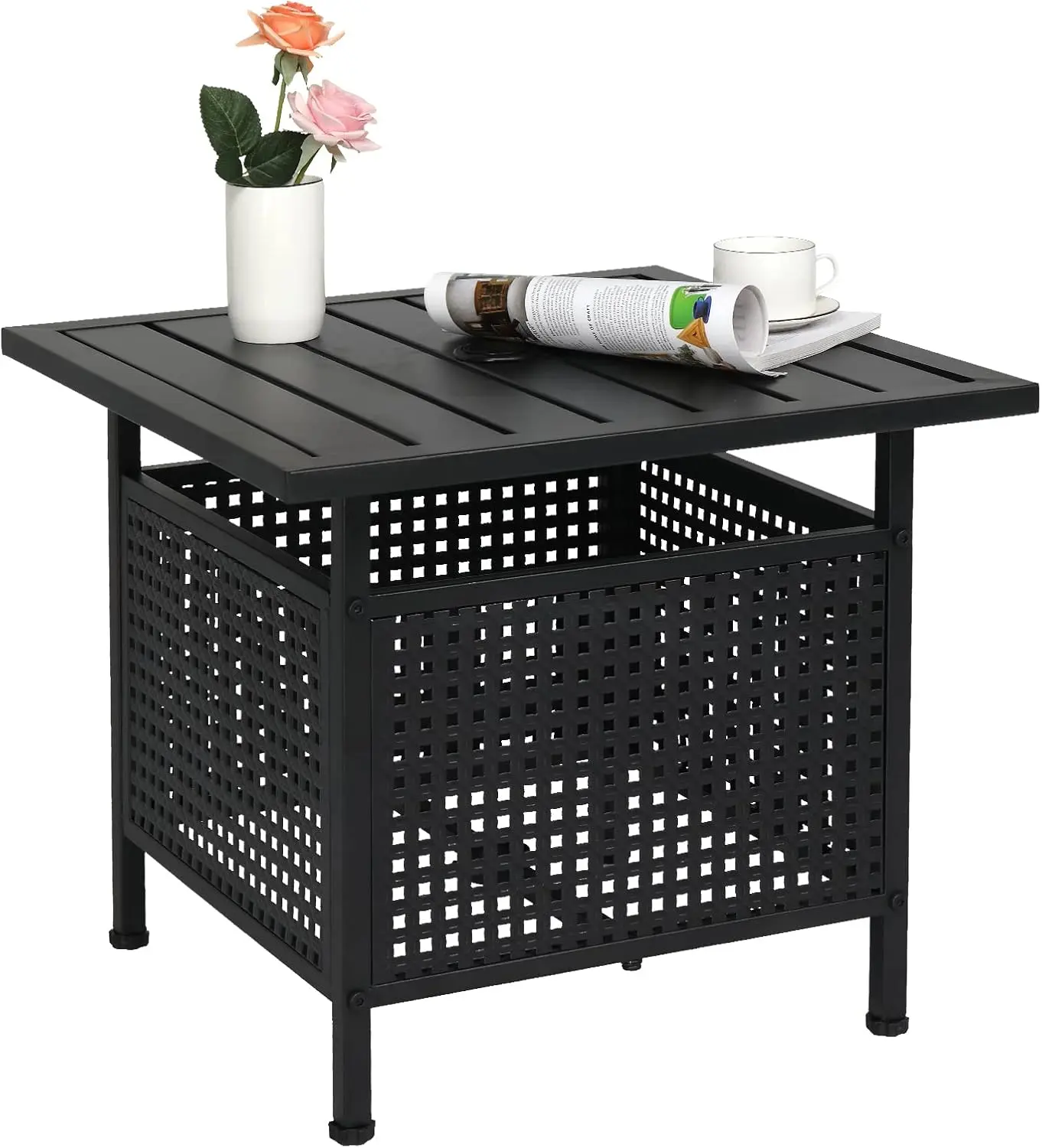 VINGLI Outdoor Side Table with Umbrella Hole 1.57" Umbrella Stand Table, Metal Patio Side Table Coffee Table End Table for Garden, Pool, Deck
