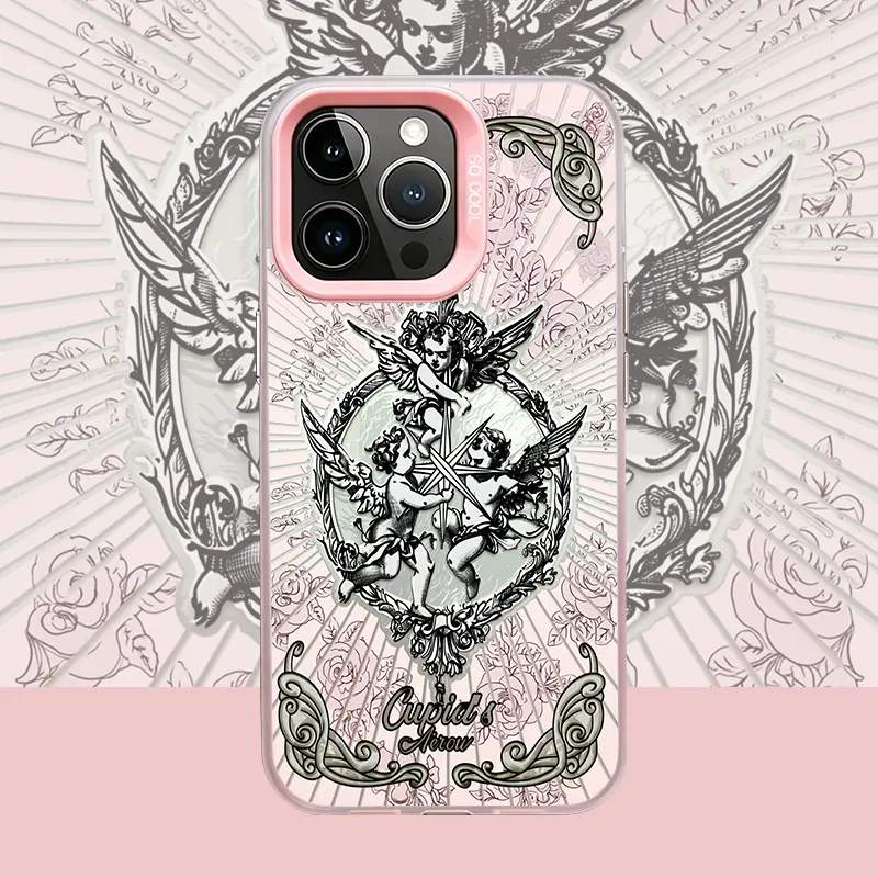 Vintage European Angel Engraving Decor Pattern Phone case, paired with colorful laser back panel,for iPhone 17 16 15 14 13 12 11 ProMax Pro Plus Galaxy S26 S25 S24 S23 Ultra Plus shock-absorbing anti fingerprint frame TPU IMD Process protective case