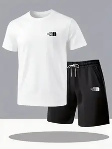 Men's Summer Casual Sports Short Sleeve T-Shirt Shorts Set, Athletic Sports Clothing, Casual Breathable Sportswear, Knit Polyester Fabric, Comfortable Breathable Letter Print, 2 Piece
