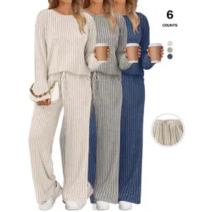 WomensLoungeSets2PieceMatchingPajamasFallFashion2025RibbedKnitOutfitsLongSleeveCasualSweatsuits