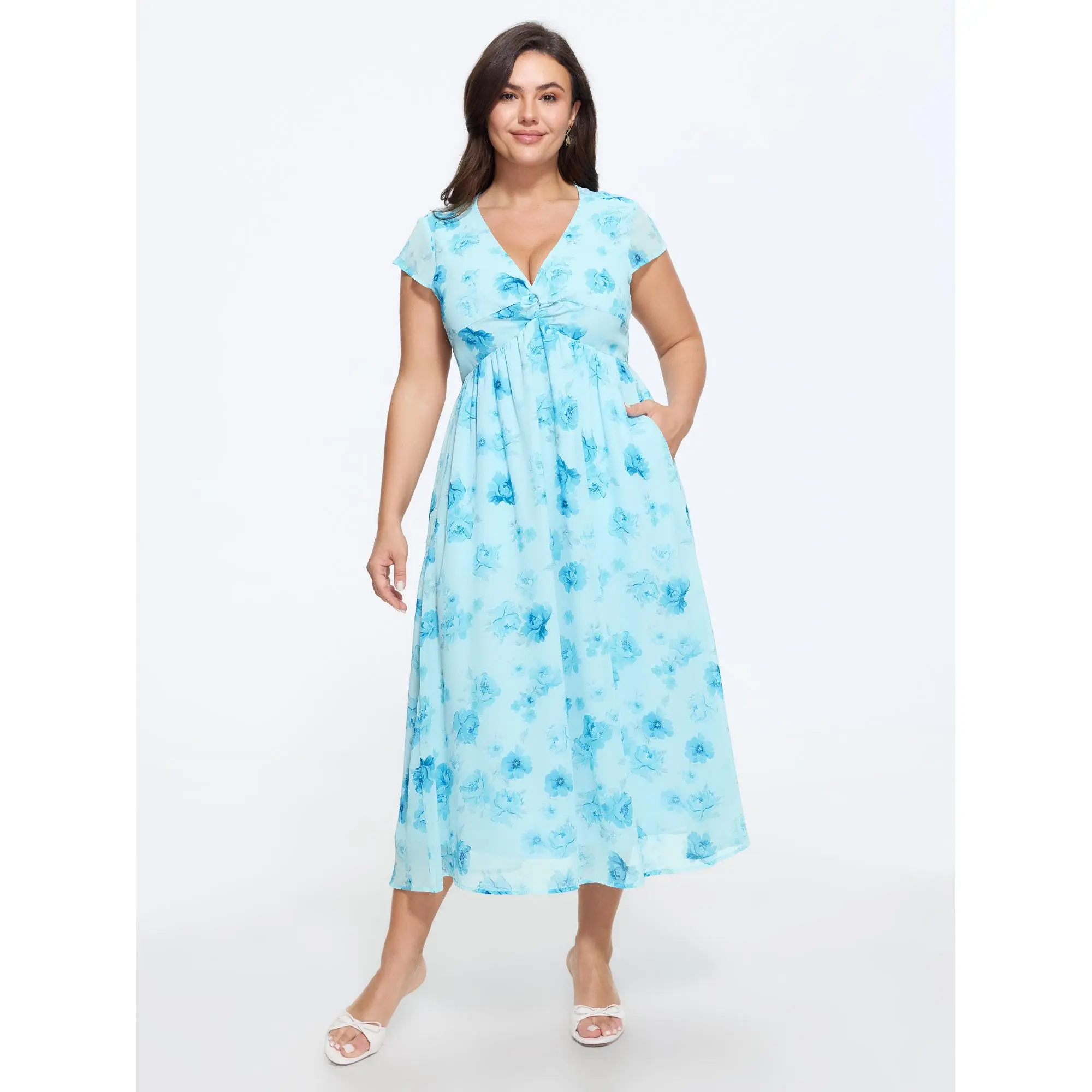 BloomChic Women's Plus Size Casual Floral Maxi Dress, Light Polyester with Twist Front, Cap Sleeve, and Side Pocket, Floor Length, Smooth
