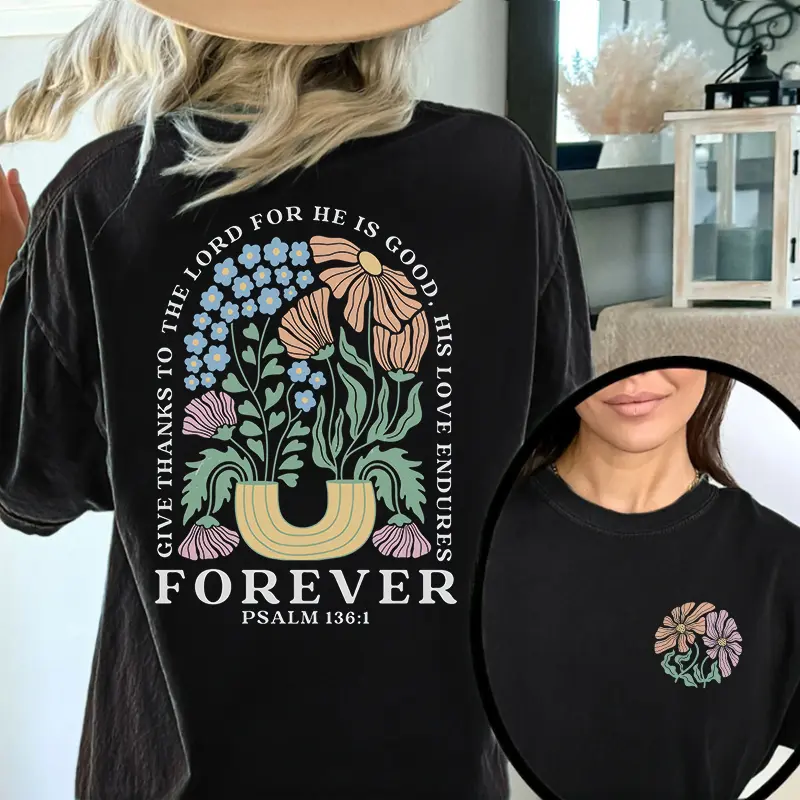 Boho Christian Print T Shirt, Women Bible Verse Short Sleeve Tops, Jesus Apparel Vintage Floral Tshirt, Flower Graphic Shirt, Back Print Tee, Jesus Pattern T-shirt