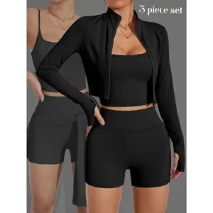 Women's three-piece sports suit for yoga, fitness, and running: U-neck tank top + high-waisted butt-lifting shorts + long-sleeve jacket with thumb holes. Breathable, quick-drying, slimming, suitable for spring, summer, and autumn
