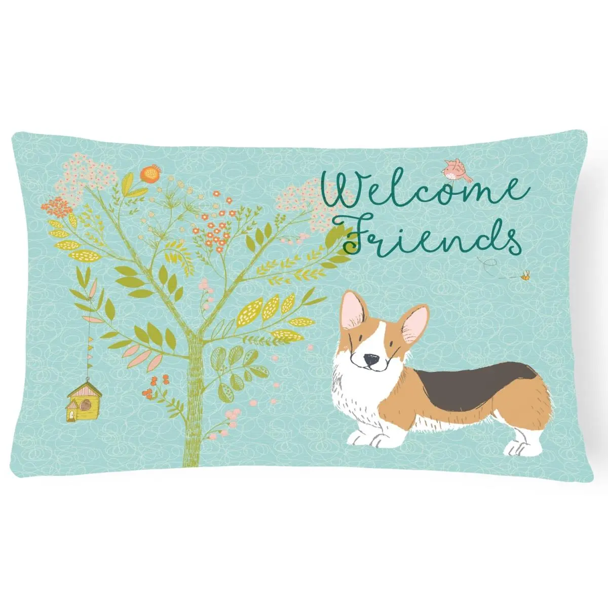Tricolor Pembroke Welsh Corgi Canvas Decorative Pillow - 12x16 in, Welcome Friends Design, Fade Resistant, Machine Washable Soft Furnishing Pillow