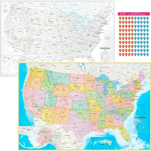 Map Poster 24x36 Folded - Double Sided  Travel Map with Pin Stickers -  Resistant Wall Map