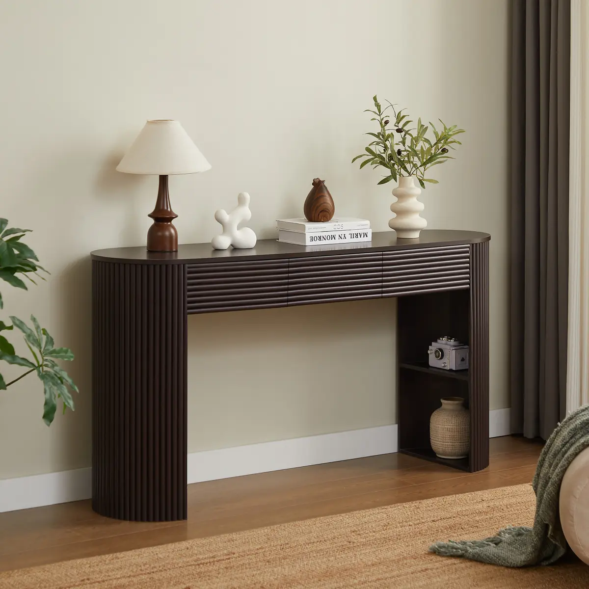 Retro MDF Espresso Console Table with Storage - 3 Drawers (Each 25 lbs), 1 Table-Leg Niche, Round Slat Aesthetic, Interchangeable Semi-Circular Legs, Arched Edge, 59.8x15.7x31.3 In, 220 lbs Tabletop Capacity, Assembly Required for Entryway, Living Room, D