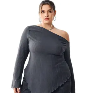 Plus Size Women's Asymmetric Neck Rib Knit T-Shirt - Valentine's Day, Knitwear, Womenswear Comfort Solid Knitting Long Sleeve