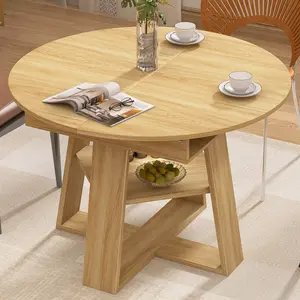 YunKiTech 43.3"–59" Inch Kitchen Dining Table for 4-6,Wood Kitchen Dinning Table for Dining Room Kitchen Living Room,Modern Rustic Style Large Round Table expandable