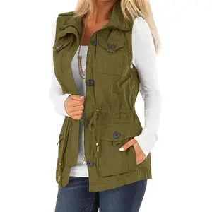 PASLTER Women's Casual Military Utility Vest Lightweight Sleeveless Drawstring Jackets with Pockets