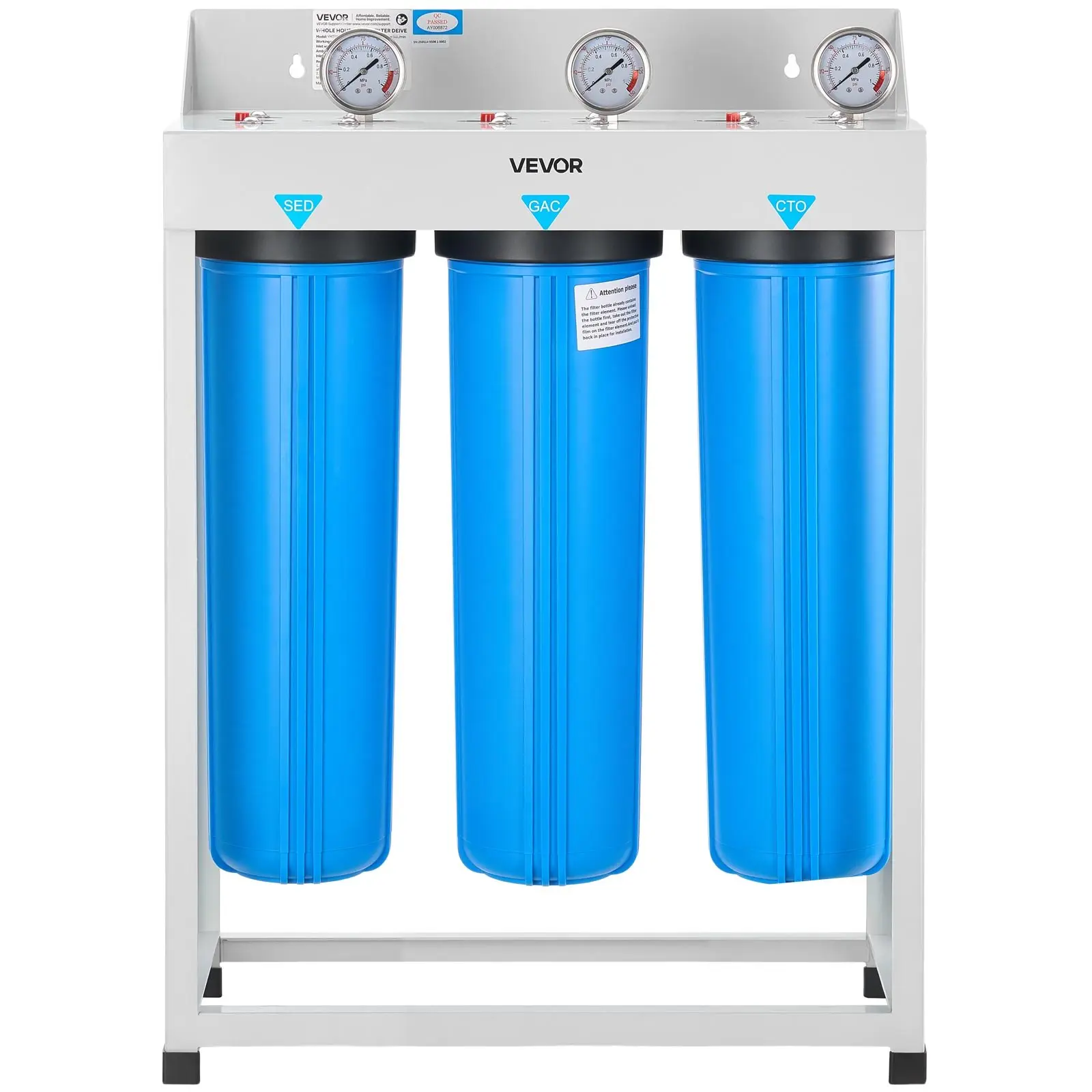 VEVOR Whole House Water Filter System, 3-Stage 4.5"x20" Purifier with Polypropylene Cartridge, Pressure Gauge, 15 GPM, 100,000 gal Capacity - Reduces Chlorine, Chemicals, VOCs, Bad Taste, Odor, Rust