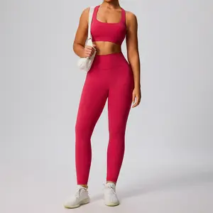 Women's 2-Piece Yoga Set - Square Neck Racerback Sports Bra & High Waist Leggings, Butt Lifting & Tummy Control, Squat-Proof Activewear for Gym, Workout & Casual