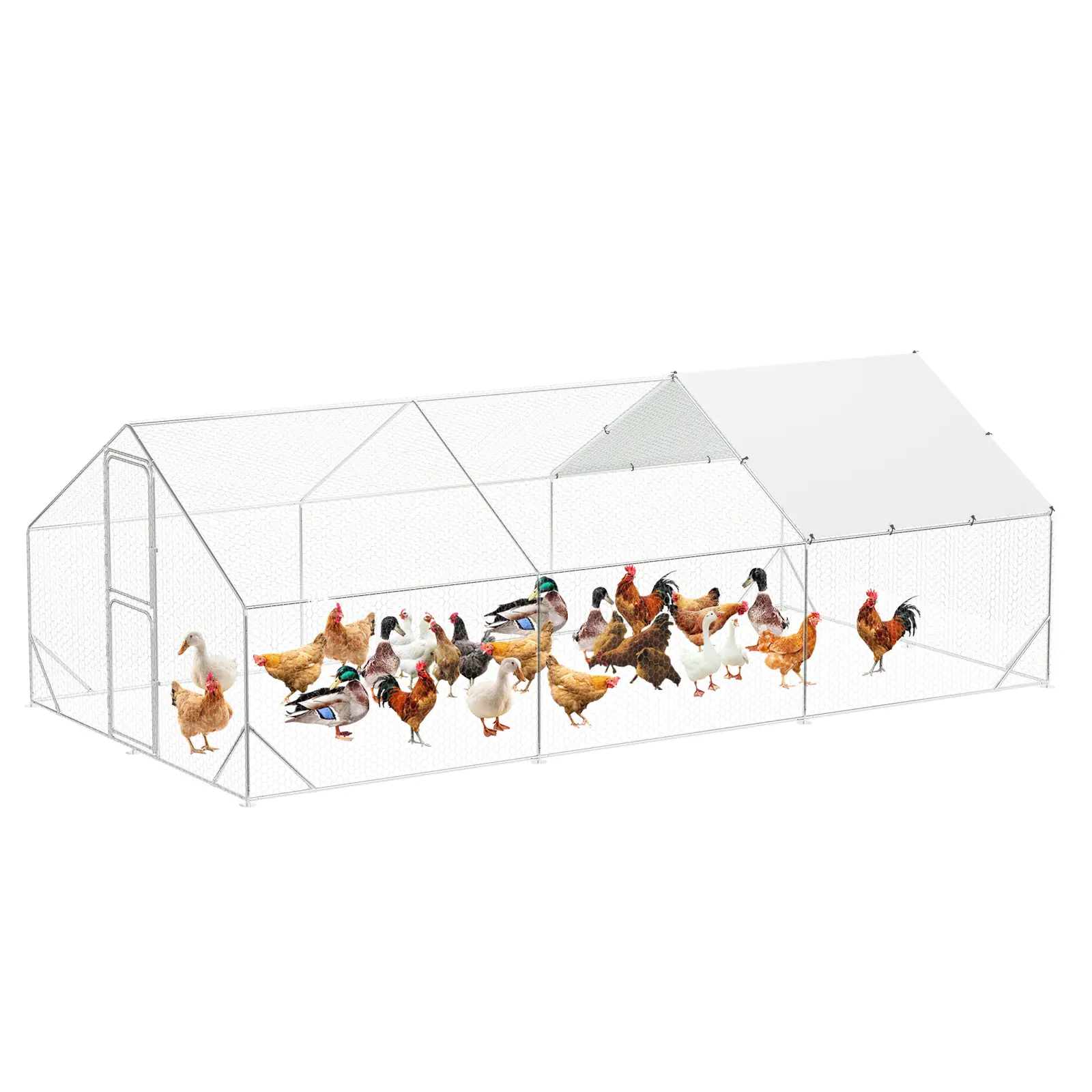 Garvee  Spacious Walk-in Metal Chicken Coop with Integrated Run, Outdoor Poultry Cage with Waterproof & Anti-UV Cover for Backyard, Garden and Farm Use