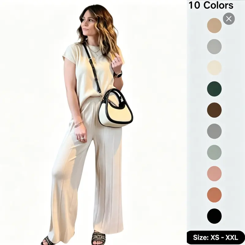 Yeokou Women's 2-Piece Minimalist Solid Knit Loungewear Set - Crew Neck Short-Sleeve Top, High-Waist Wide-Leg Pants, Nylon, Above the Knee, Cool Iron, Casual Lady's Clothing