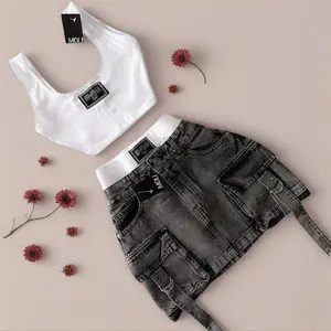 Women's 2-Piece Denim Skirt Set with Strap Design Multiple Pockets Button Closure Casual Goth Streetwear Versatile Clothing Sets Seamless Womenswear Denim Two Piece Set