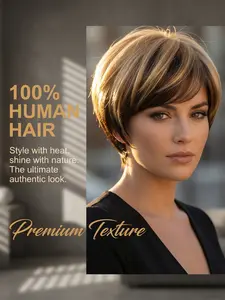 Gradient Blonde to Brown 8in Short Pixie Human Hair Wig Fashion Real Hair for Daily Wear